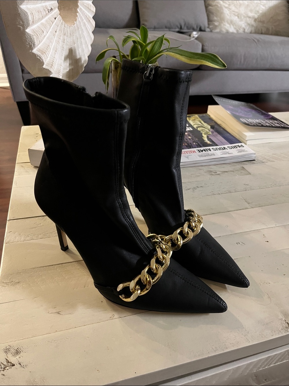 Zara Black Pointed Stiletto Ankle Boots with Gold Chain
